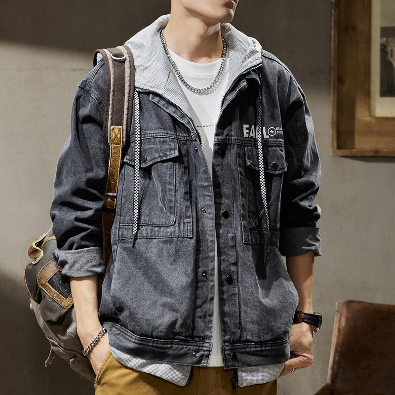 

Men s Trendy Denim Jacket: 2025 Autumn/Winter Loose Faux Two-Piece Hoodie Casual Outerwear M (110-130 Jin)