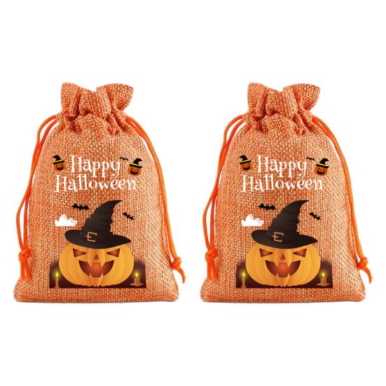 Handmade Style Party Bags 2Pcs Halloween Pumpkin Drawstring for Candy Treats, Retro Burlap Festival Totes Trick or Treat Bags, Portable Goodie