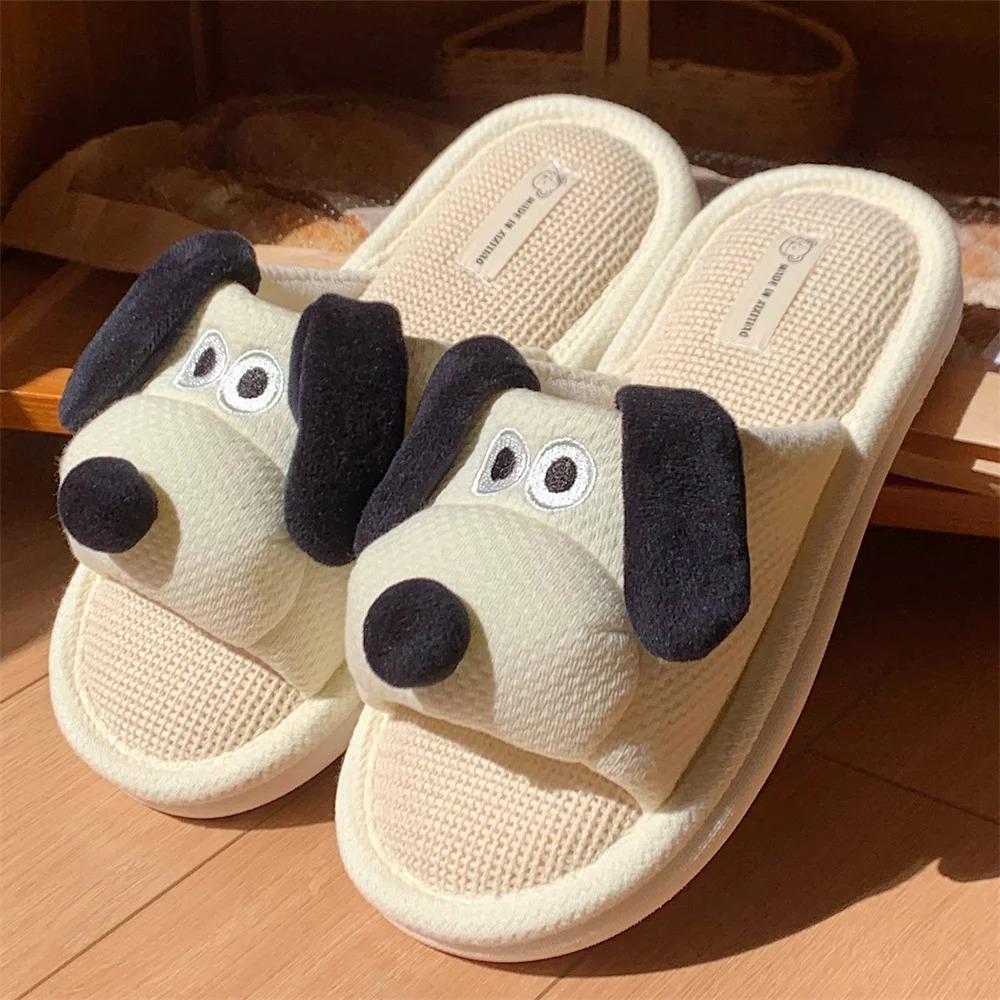 Panda Linen Slippers For Women Man Four Seasons Indoor Anti Slip Soft Sole Cute Stillness Floor Slipper For Couple