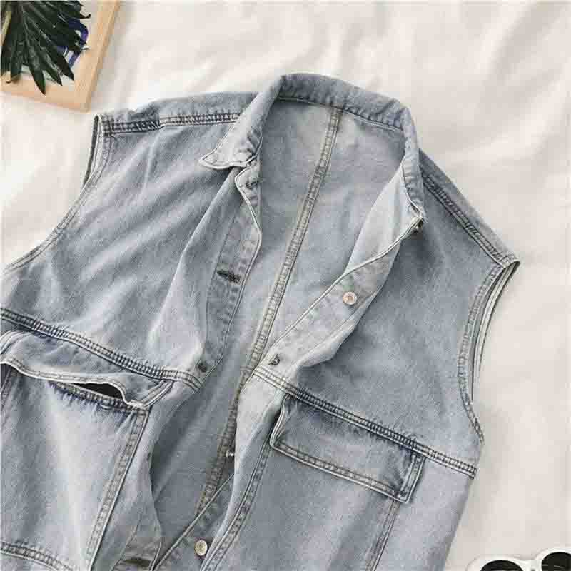 Women Bf Wind Spring Denim Vest Loose All-match Korean Sleeveless Waistcoat Overalls Casual Coat Solid Color