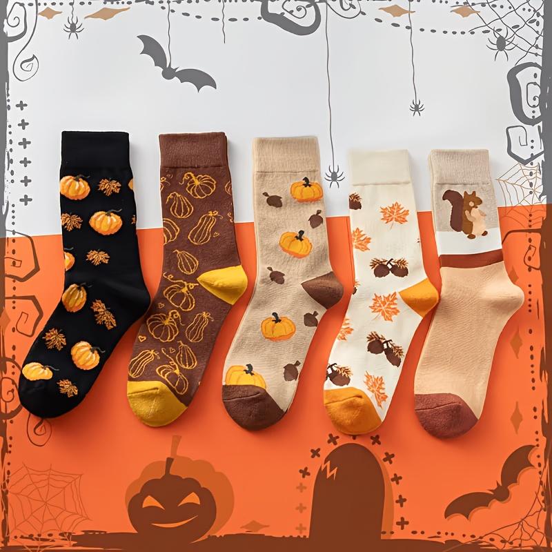 5 Pairs Of Random Halloween And Thanksgiving Turkey And Pumpkin Women's Mid-Calf Socks
