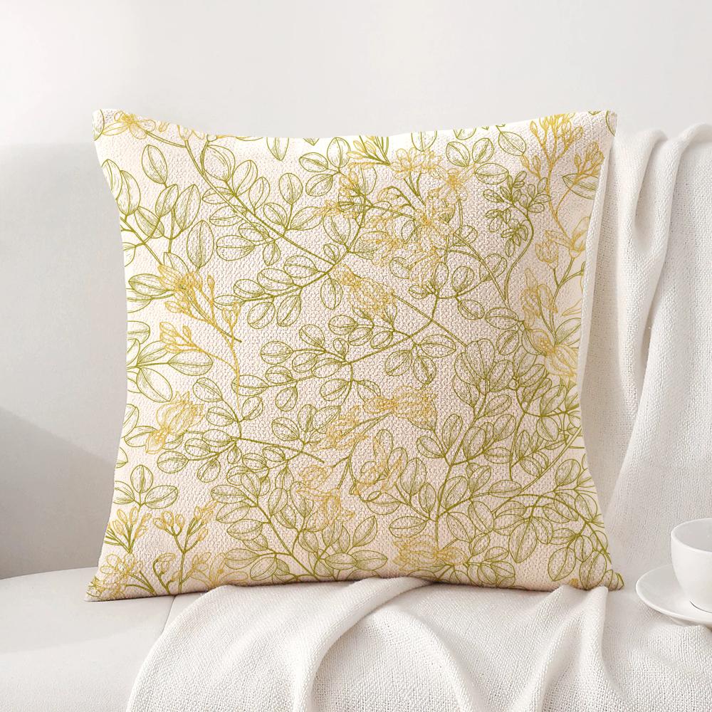 Gold Leaf Flower Cushion Cover Natural Linen Organic Fabric Double-Sided Printing Sofa Home Decor Gift Pillow Cover