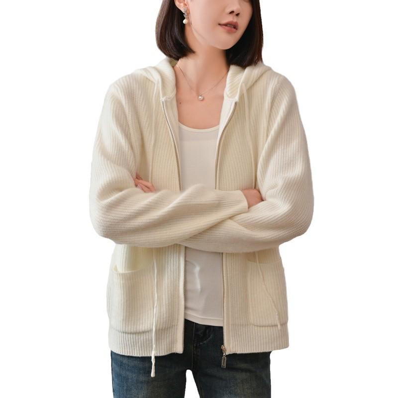2024 Spring Women's Hooded Zip-Up Knit Cardigan: Stylish, Versatile Wool Outerwear