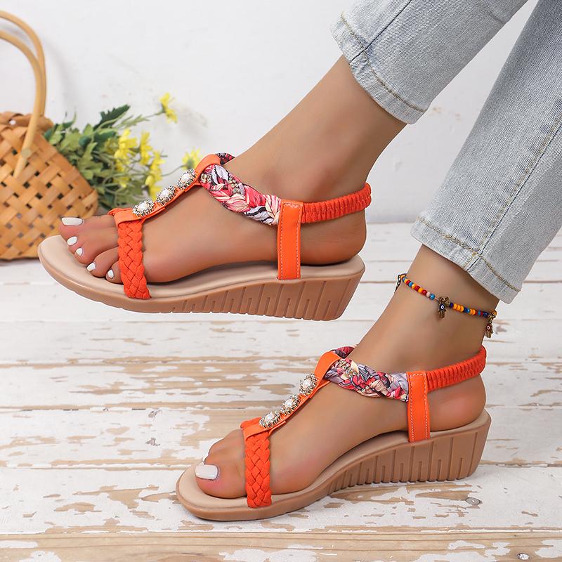 Fashion Summer String Bead Wedge Sandals 2025 New Women's Shoes Elastic Band Women's Sandals Fashion Color Matching Casual Sandals Women