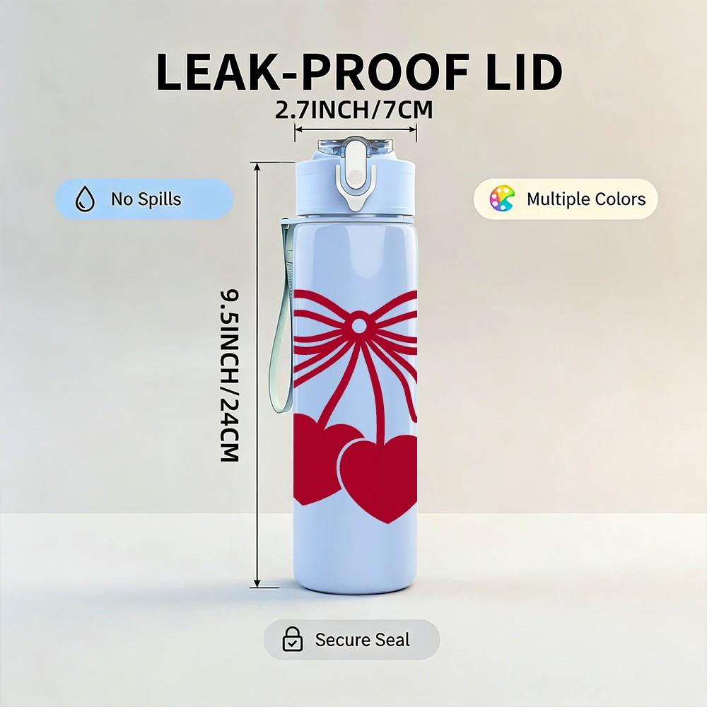 1PC Twin Red Hearts Bow Line Art 750ml Color Plastic Sports Water Bottle Leakproof Flip Straw Lid Suitable for Sports Office Home Use