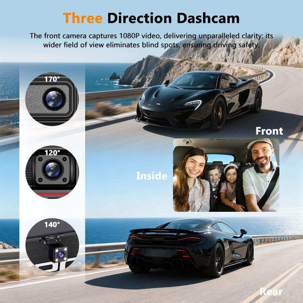 3-Lens Dash Cam, 3-Channel Recording, WiFi, HD, Phone Sync