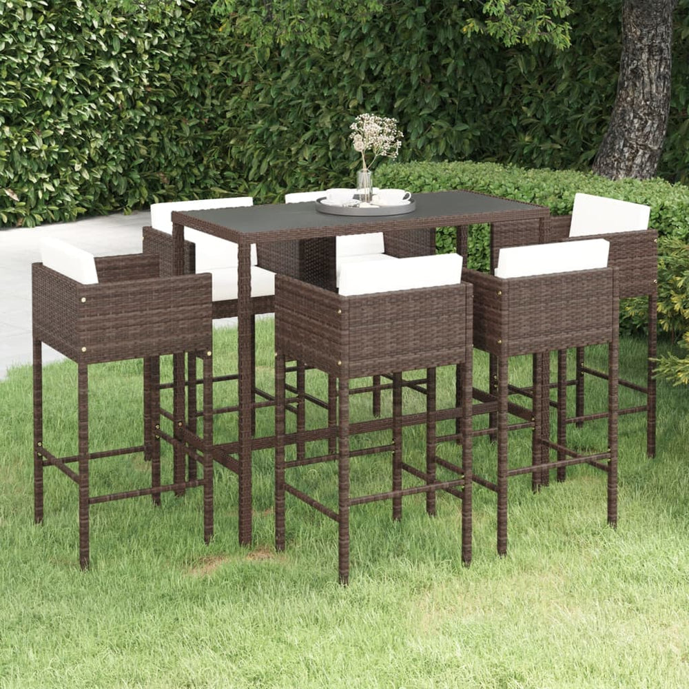 7pcs Garden Bar Set Cushions Woven Resin Brown