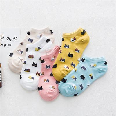 5 Paare/Set Damen Katzenmuster Cartoon Niedliche Knöchelsocken Atmungsaktiv Bequem Kurze Baumwollsocken Frühling Sommer