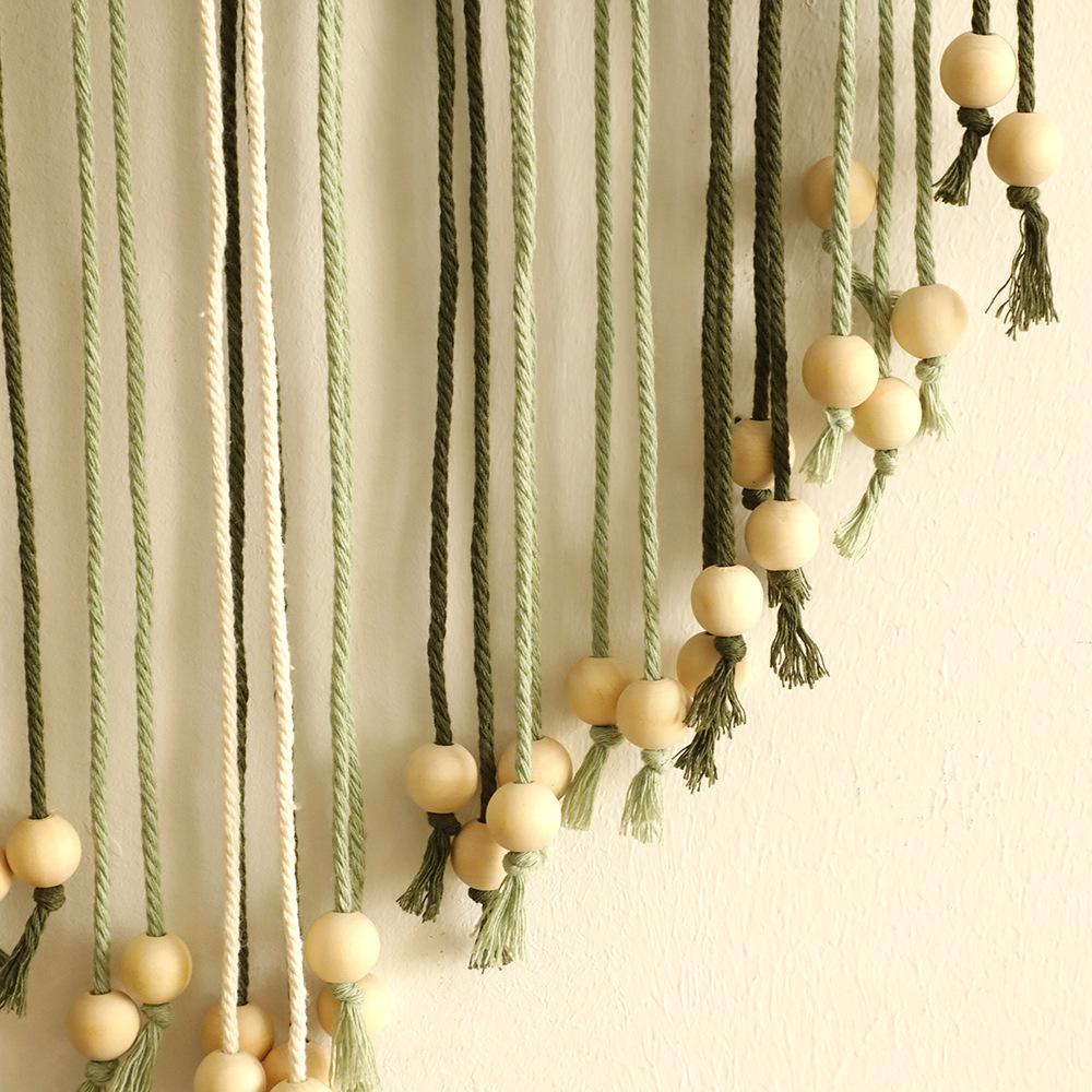 Handmade Cotton Thread Woven Wood Beads Leaf Tapestry Simple Home Bedroom B&B Wall Decoration