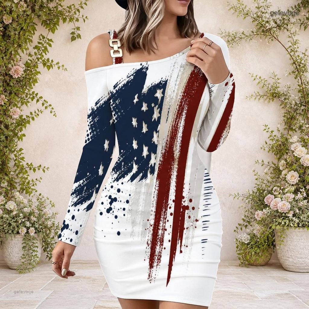 Women Plus Size One Shoulder Long Sleeve Star Stripe Printed Bodycon Mini Dress