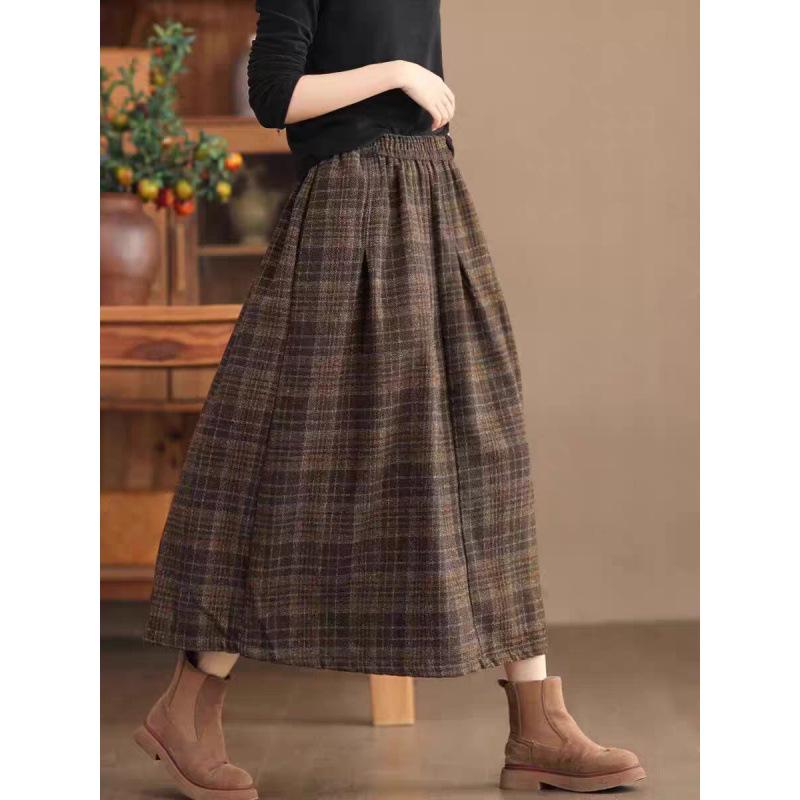 In-Stock Autumn 2025 Women's Warm A-line Woolen Plaid Mid-length Skirt