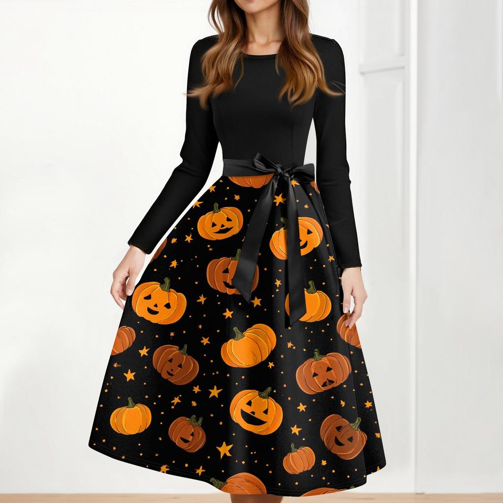 Women's Casual Fashion Halloween Printed Round Neck Vintage Dress