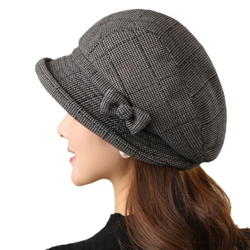 Autumn Winter Middle-aged Elderly Women's Hats with Fashionable Fine Grid Pattern Woolen Warm Big Head Basin Hat Cold Proof Fisherman Hat