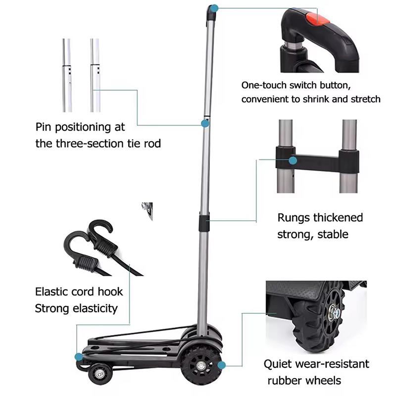 Cărucior pliabil cu 4 roți, cărucior de cumpărături, cărucior pentru alimente, cărucior pentru bagaje, aliaj de aluminiu, mic, ușor, cărucior manual pliabil