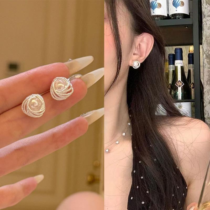Elegant Silver Mesh Flower Stud Earrings Classy Faux Pearl Perfect Bridesmaid Jewelry A8