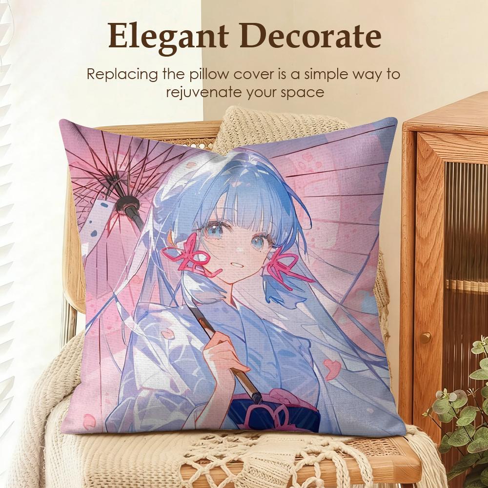 Kamizato Ayaka Genshin Impact Cushion Cover Natural Linen Organic Fabric DoubleSided Printing Sofa Home Decor Gift Pillow Case