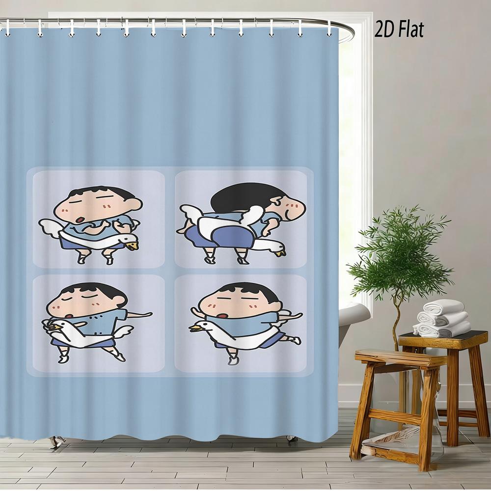 Crayon Shin-Chan The Movie Ora To Hakase No Natsuyasumi 2D Print Waterproof Shower Curtain, Blue Anime Bathroom Decor With Hooks