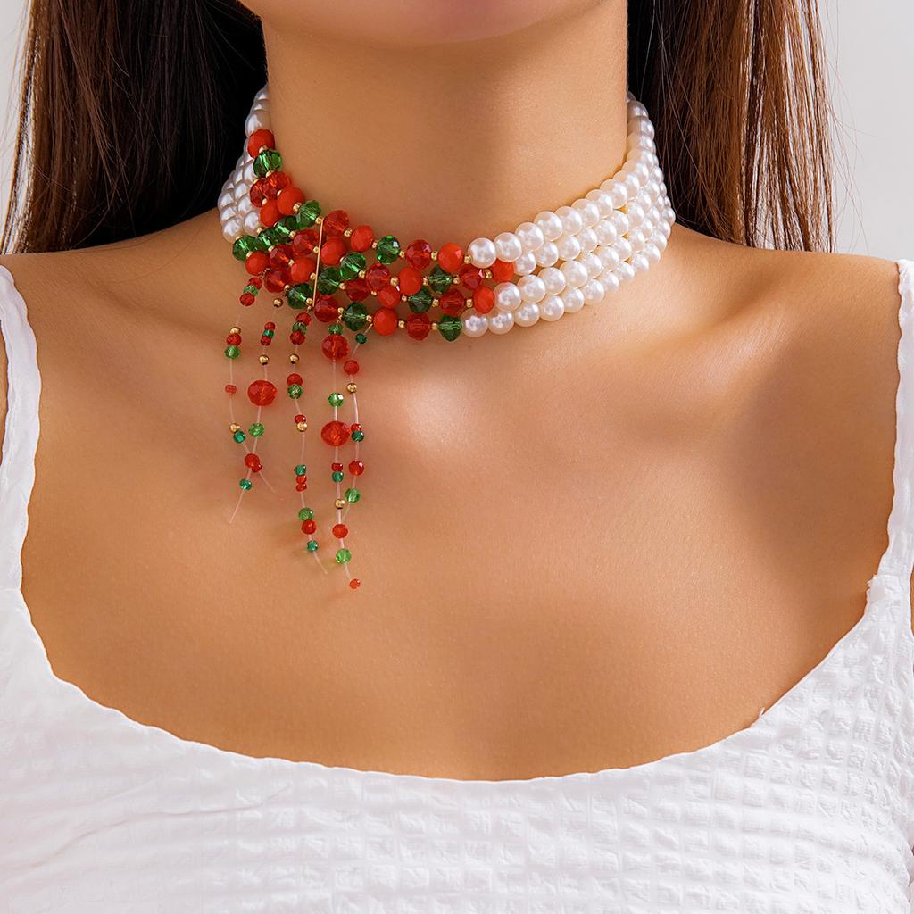 Christmas Necklace Personalized Round Beads Multi-Layer Choker Retro Gothic Fringed Imitation Pearl Collar