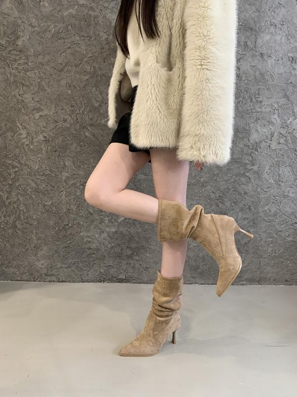 Upgraded version~ khaki boots women's stiletto 2025 new pointed short boots high heels thin medium tube stacking boots