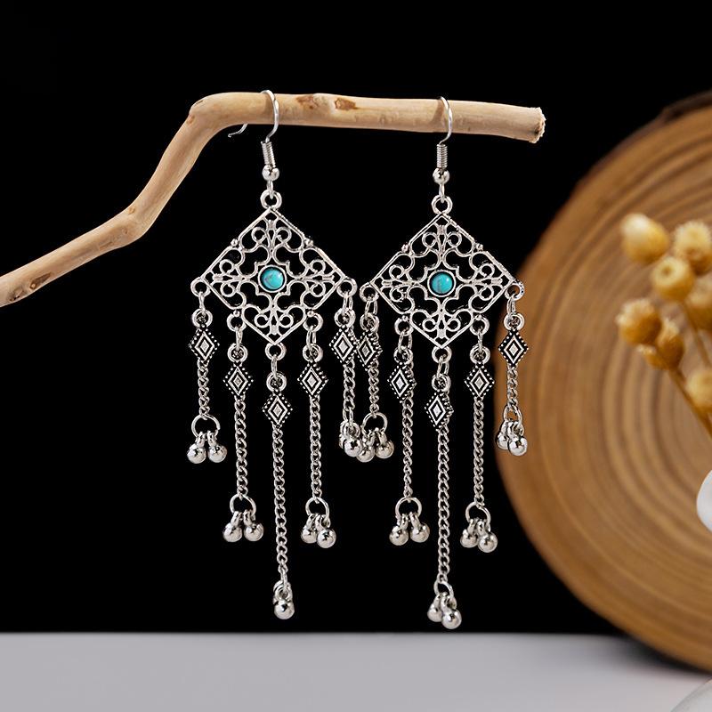 Ethnic Style Long Fringed Earrings, Bohemian Minority Blue Turquoise Tourist Attractions Earrings For Women