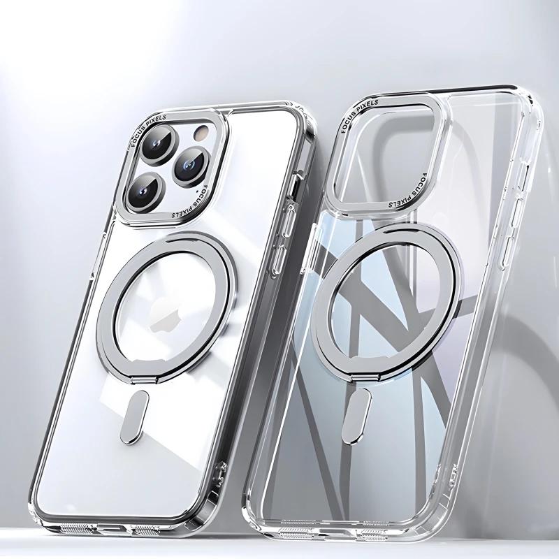 360° Rotation Metal Ring Holder For Magsafe Wireless Charging Case For iPhone 15 14 13 12 11 Pro Max Plus Transparent Back Cover