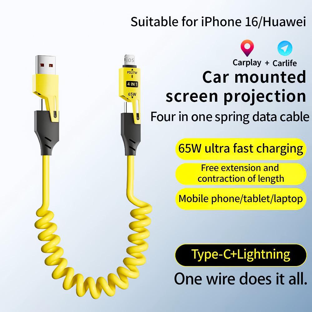 65W Spring Retractable 4-in-1 Charging Cable for iPhone 16 & Huawei Phones