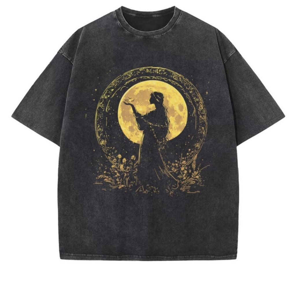 T-shirt Gotica Lavata Nera Vintage Uomo Donna Occulto Corvo Teschio Luna Stampa Vestibilità Larga Girocollo Manica Corta Estetica Maglietta Oscura