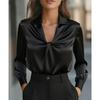 Spring Autumn Fashion Satin Pleated Twist Office Women Blouse New Solid Color Long Sleeved Casual Shirts Loose Lapel V Neck Simple Solid Tops Clothing