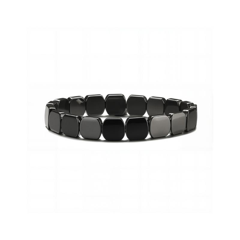Elastic Hematite Bead Bracelet Square Pattern Natural Black Stone Wristband Comfortable Unisex Wear Daily Accessory