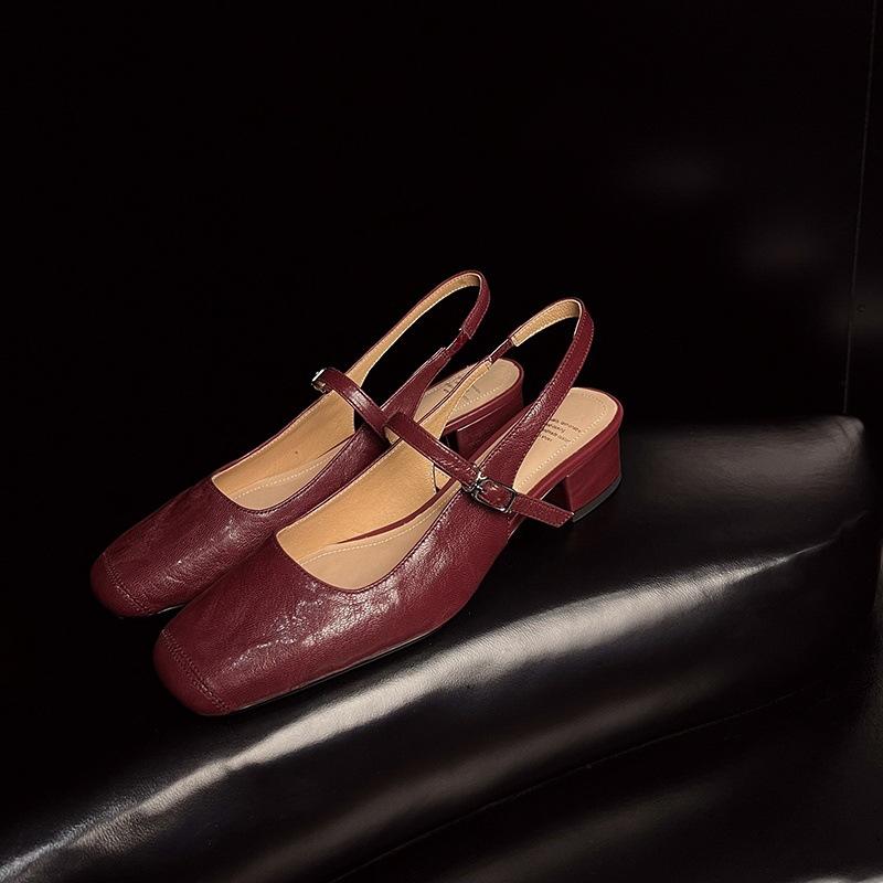 2025 new gentle shoes French bag head empty sandals Mary Jane small leather shoes thick heel versatile summer women's shoes