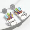 Lovely Glitter Acrylic School Day Ruler Scissors Pencil Drop Earrings for Women Double-layer Cup English Letter Dangle earrings