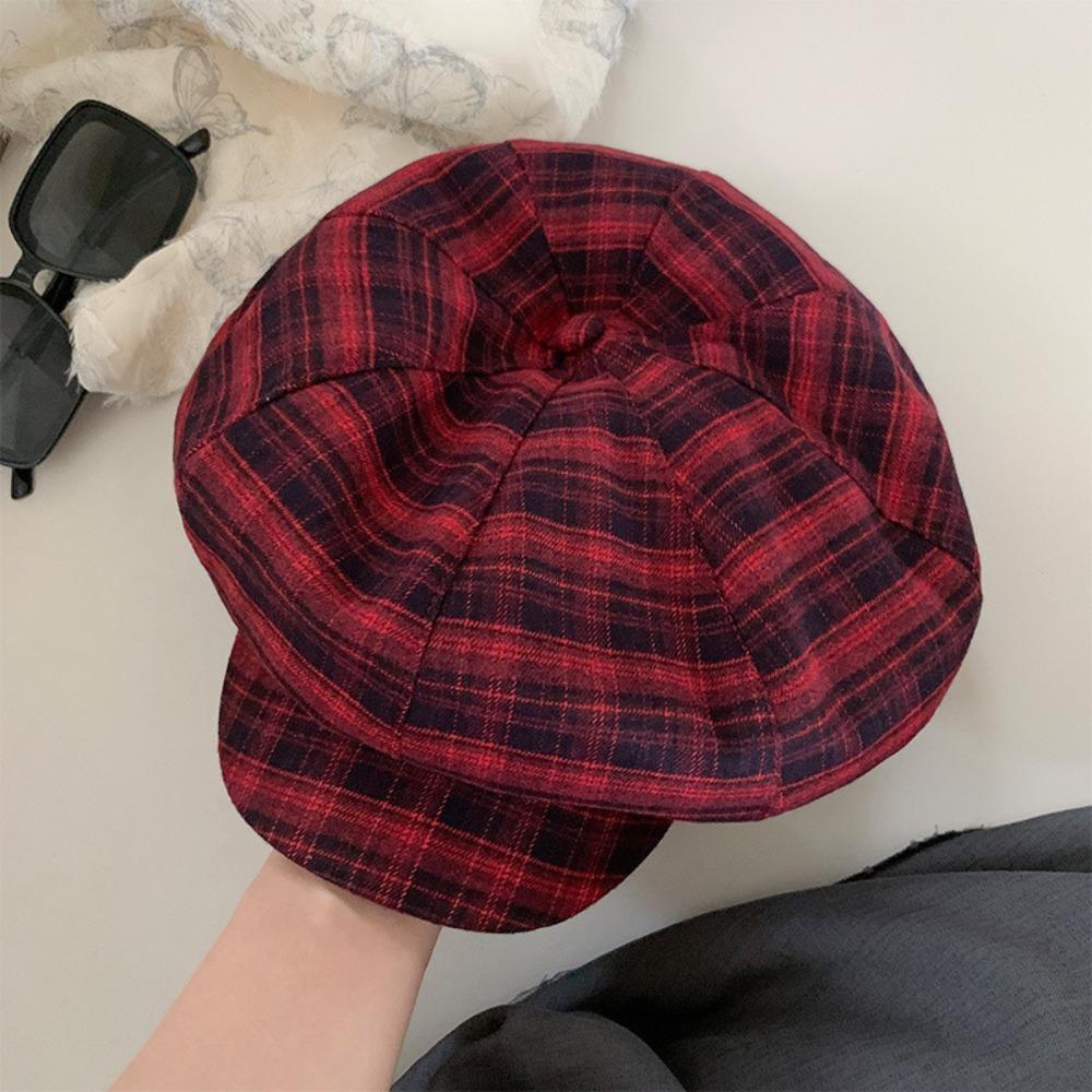 Cotton Grid Beret Cap Thin Women Octagonal Hat Vintage Plaid Cloud Cap  Girls