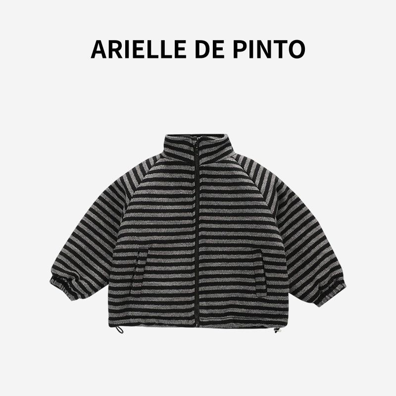 French Arielle De Pinto Boys  Thickened Striped Cotton Jacket Winter Fleece Black Stylish Cotton Coat Gray 110