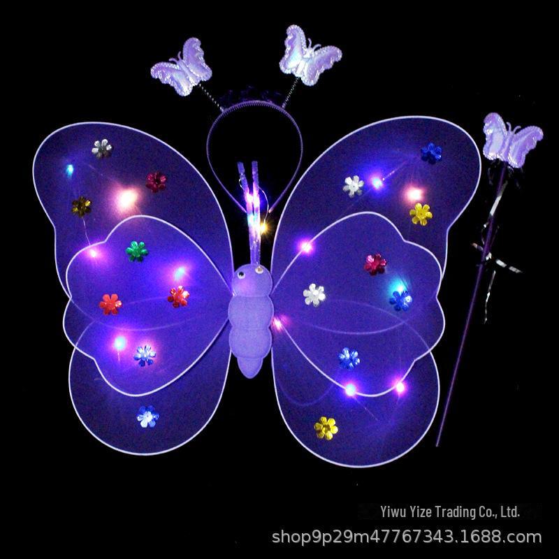 Children's Glow Angel Costume: Girl's Gauze Skirt with Flashing Wings and 20-Light Butterfly Design, 3-Piece Set.
