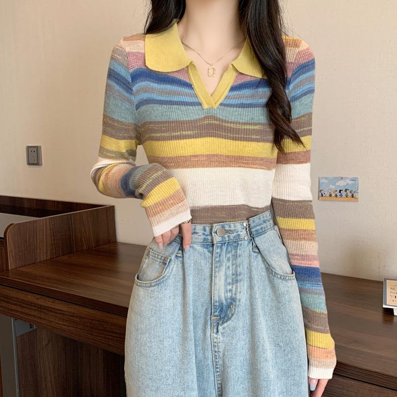 Polo Collar Striped Sweater for Women In Early Autumn New Contrasting Color Slim Bottoming Shirt for Women To Wear In Autumn and Winter