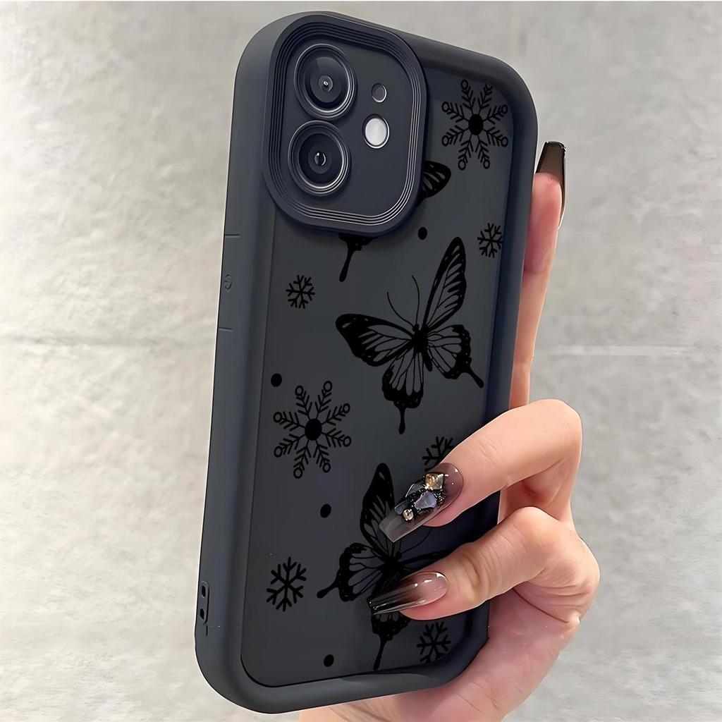 Black Butterfly Diamond Sand iPhone 15/16/17 Case with Sky Eye Groove Protection