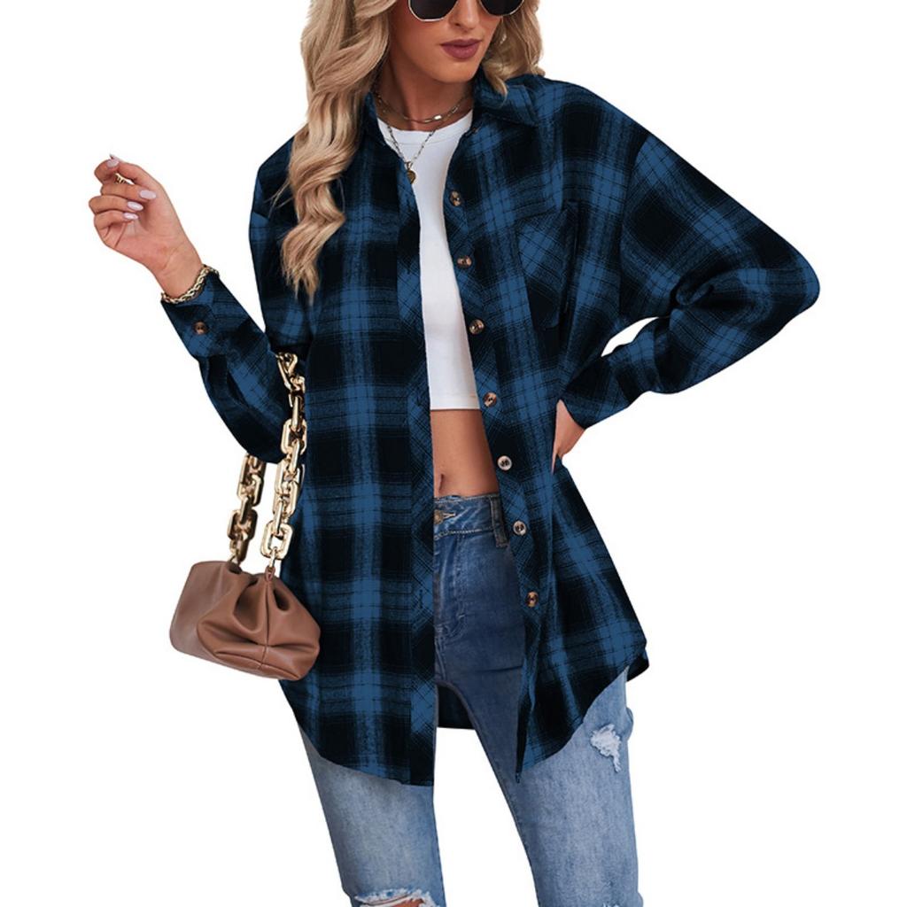Autumn Winter Women's Plaid Shirt, Lapel Long Sleeve Loose Casual Blouse, European American Style Fashion Top
