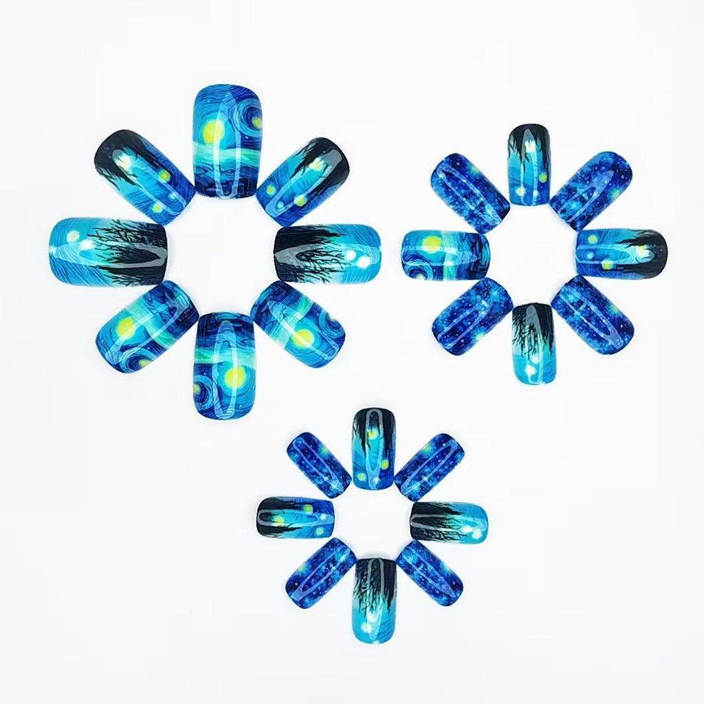 Van Gogh Series: Medium-Length Blue Night Sky False Nails (24 Pieces)
