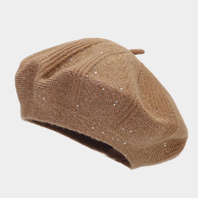 

Vintage Beret Hat For Women With Rabbit Fur Knit Warm Sun Protection Fashion Accessory Deep Khaki