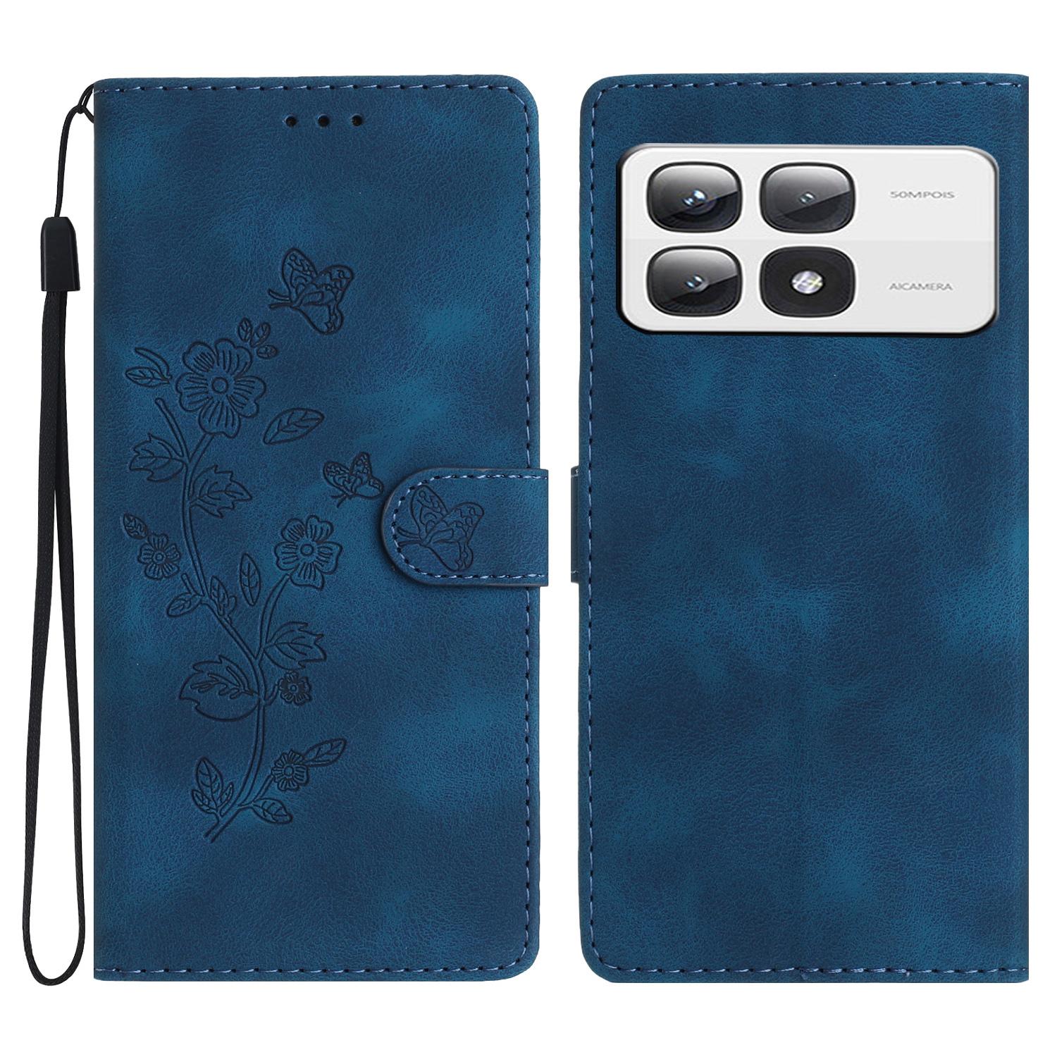 

For Xiaomi 14T Pro Case Leather Imprinted Flower Phone Cover Wallet with Wrist Strap Blue