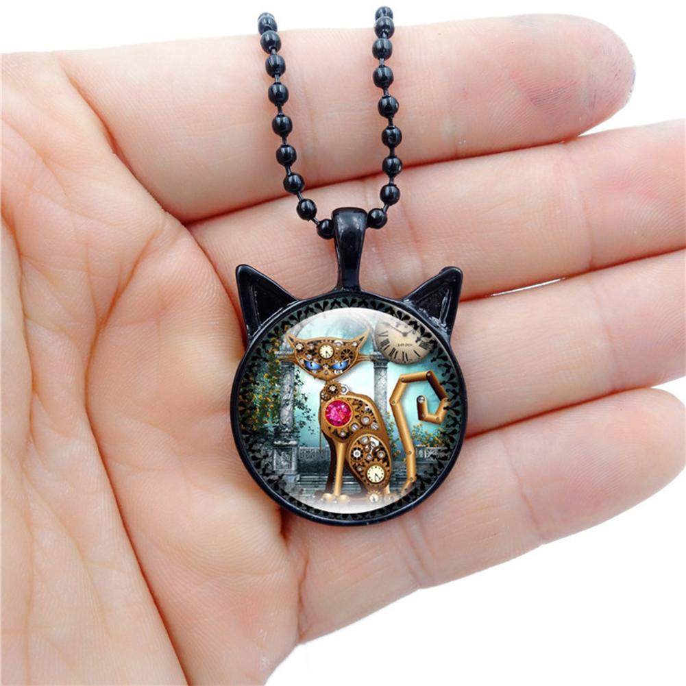 Fashion Retro Creative Round Necklace Cartoon Cat Clock Pendant Necklace
