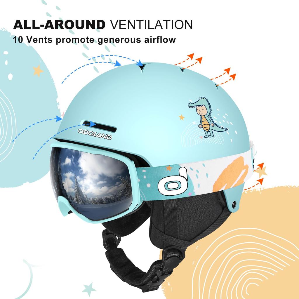 Odoland Ski Helmet with Snowboard Adjustable Impact Size Small Kids' Goggles, Helmet, Size, Anti-Fog, Resistant, Breathable, Cyan,