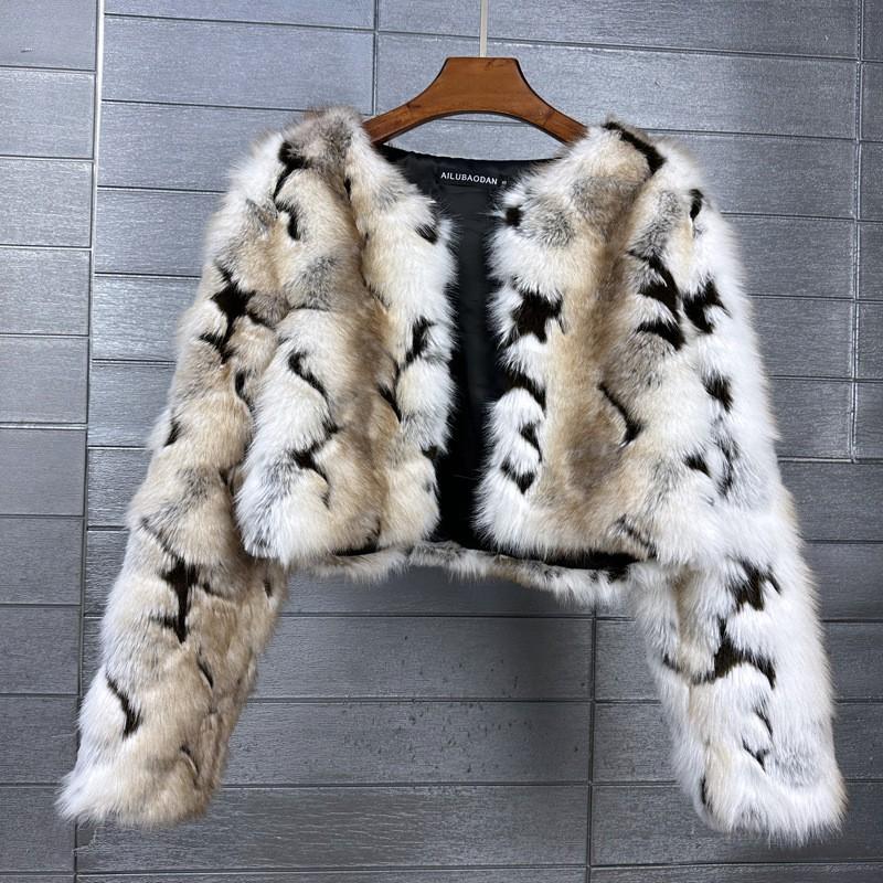Faux Fur Cropped Coat Womens Dye Tip Jacquard Streetwear Short Jacket
