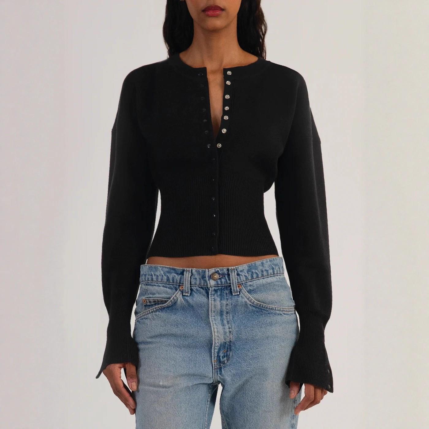 women s Fitted Waist Single Breasted Button Round Neck Long Sleeve Knit Cardigan Cropped Sweater Top S чёрный