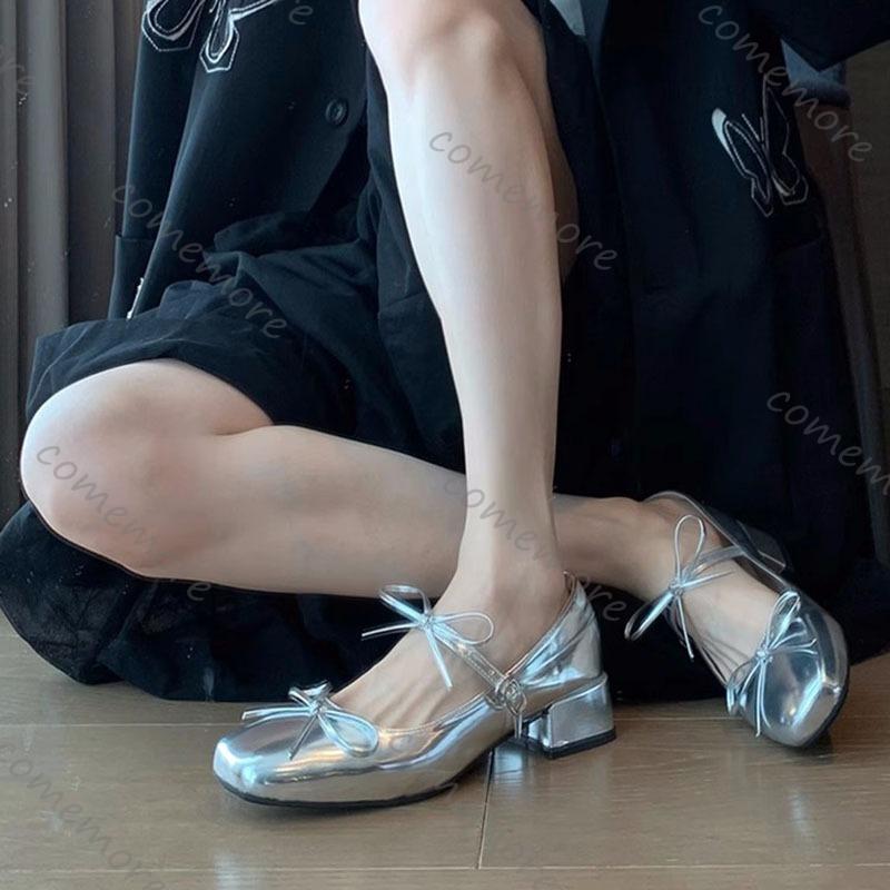 Comemore Retro Bowknot Decoration Red Mary Jane Shoes Women 2025 Spring Autumn Medium Heel Sandals Sweet Party Dress Pumps Shoes
