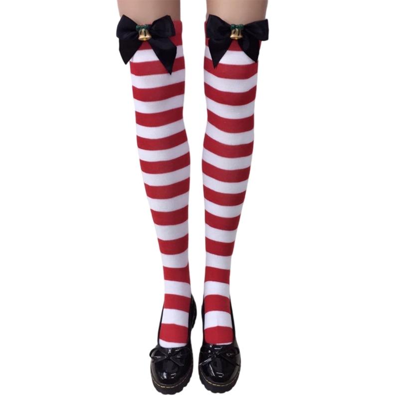 Festival-Schleifenakzent Gestreifte Lange Socken für Damen Weihnachtsfeiern Cosplay Oberschenkelhoch Über dem Knie Strümpfe Strumpfwaren