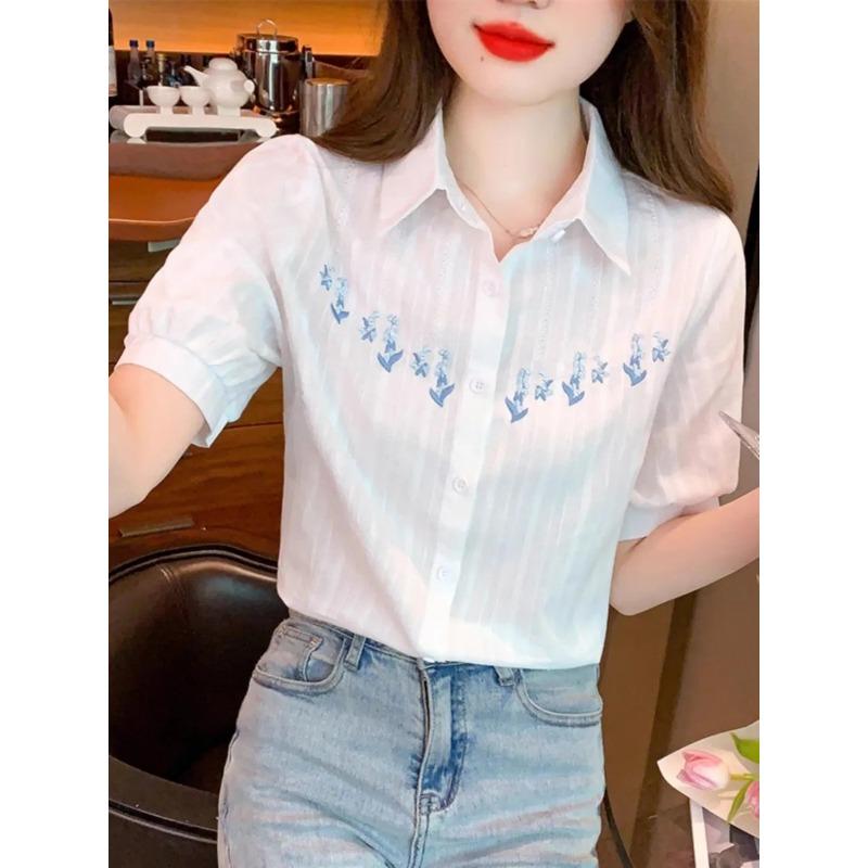 Women Collar Floral Embroidery Puff Short Sleeve Button Down Blouse