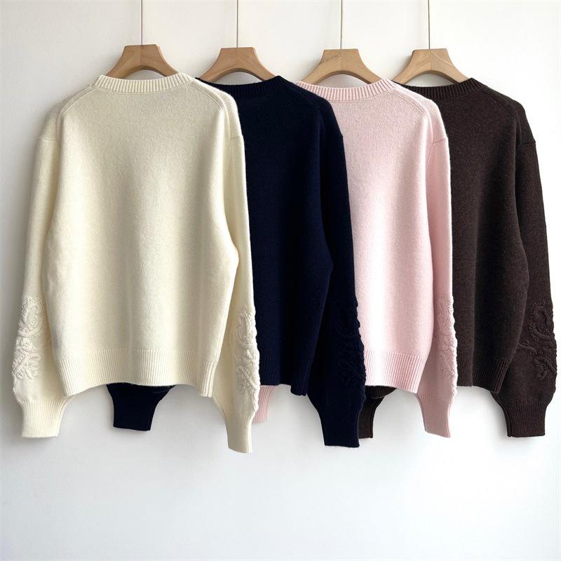 LP Simple Solid Color Cashmere Pullover with Embossed Floral Sleeves