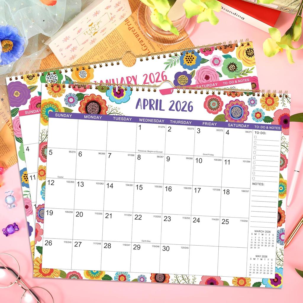 2026 Calendar - 2026 Wall Calendar, 15" x 11.5", JAN.2026 -DEC.2026, 12 Monthly Wall Calendar 2026, Hanging Hook - Clorful Floral