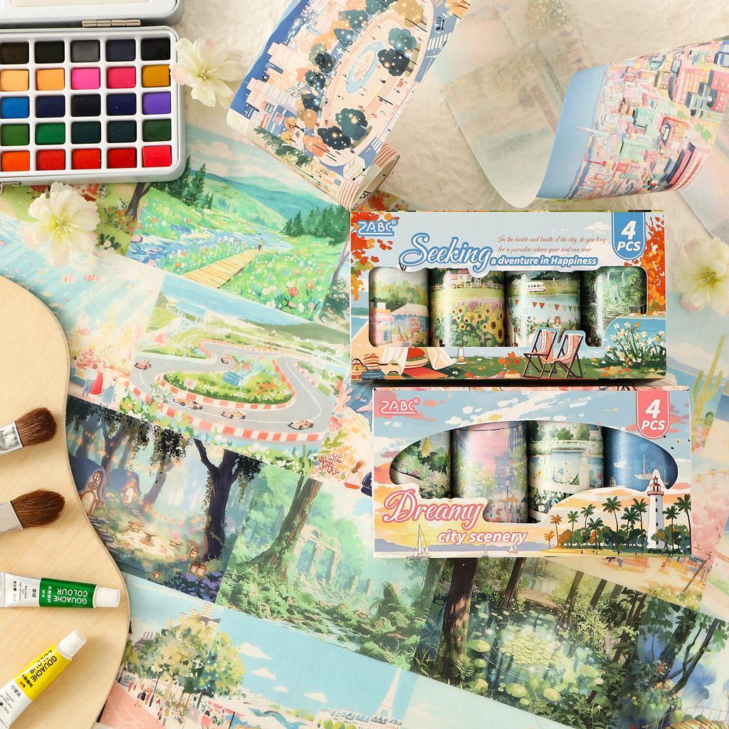 4 rolls/set Fun Landscape Series Ins Landscape Washi Tape Creative Handbook DIY Scrapbooking Material Aesthetic Masking Tape
